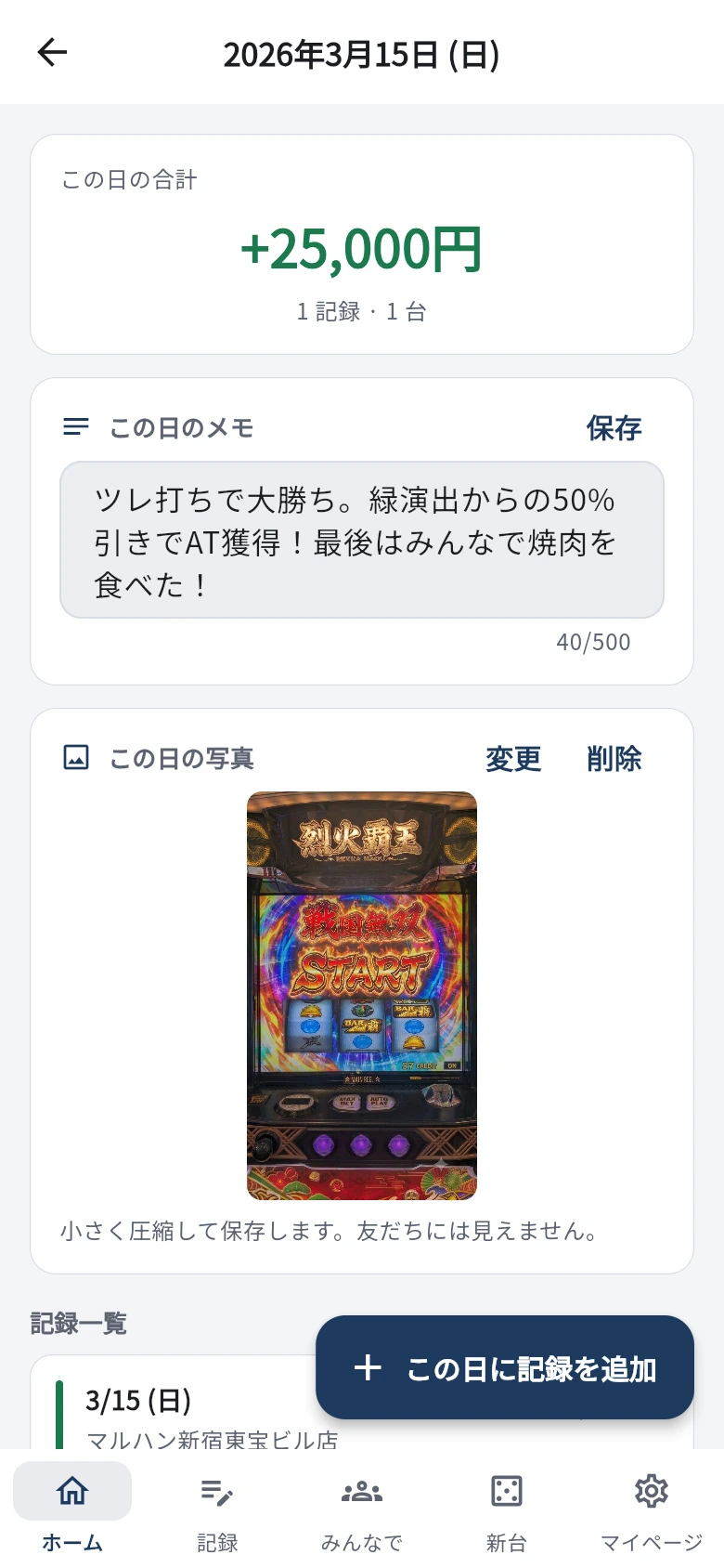 日詳細画面 — 日メモと写真付きの思い出記録（+25,000円）